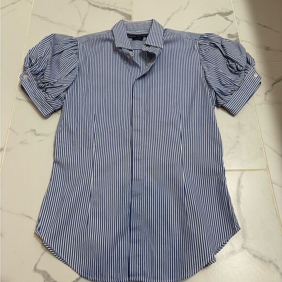 Ralph Lauren Tops - Ralph Lauren Blue and White Striped Puff Sleeve Button Up Shirt Top size 6